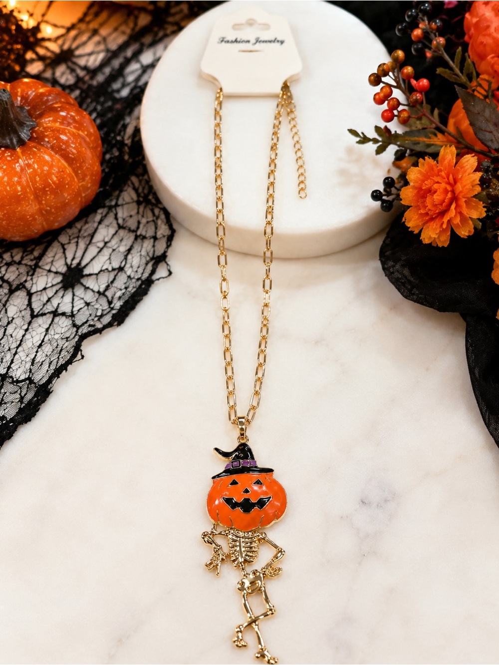 Fashion Jewelry Halloween Pumpkin Skeleton Witch Necklace